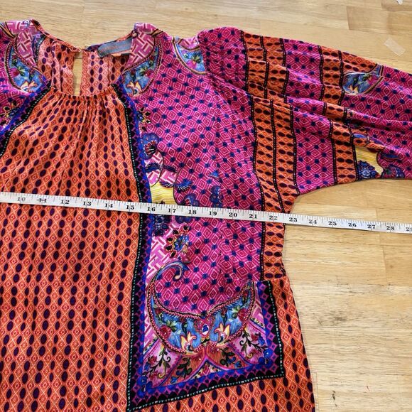 BHANUNI Anthropologie Viscose Emilia Peasant Vibrant Pink Oversize Beaded Top XS - Picture 9 of 14